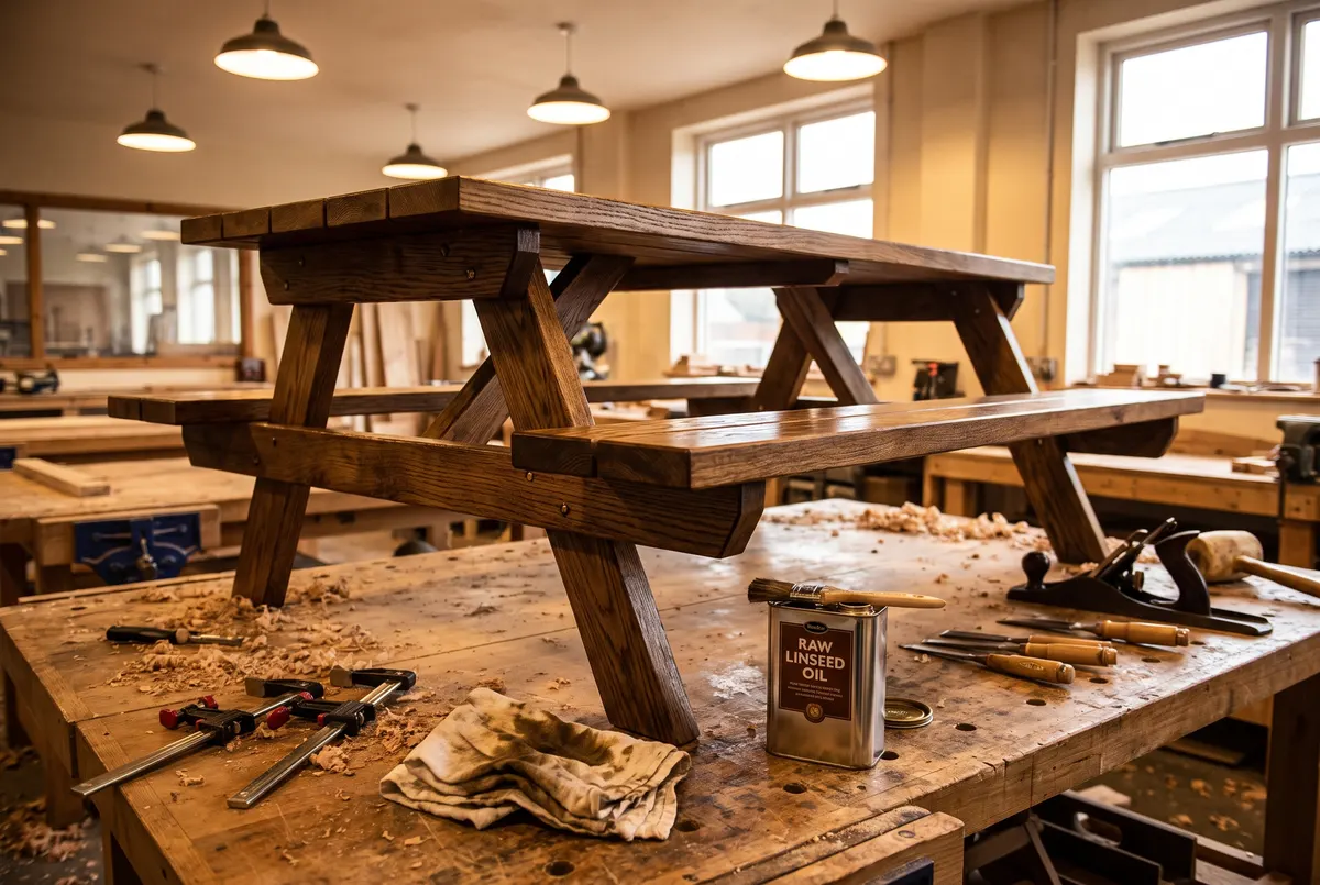 Timber picnic table being oiled on a workbench with clamps and tools nearby