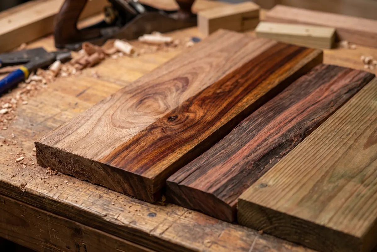 Close-up of hardwood and treated pine boards showing natural grain and oiled finish